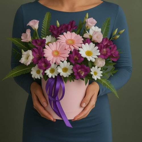 Цветы в коробке «Весенняя нежность с герберами и ромашками»